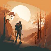 illustration on the theme of Climbing, Trekking, Hiking, and Walking. Sports, outdoor recreation, adventures in nature, vacation. Wanderlust. Downshifting. Modern flat design. photo