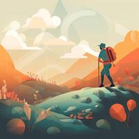 illustration on the theme of Climbing, Trekking, Hiking, and Walking. Sports, outdoor recreation, adventures in nature, vacation. Wanderlust. Downshifting. Modern flat design. photo