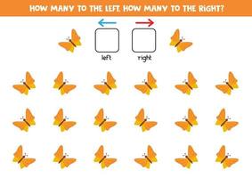 Left or right with cute cartoon butterfly. Logical worksheet for preschoolers. vector