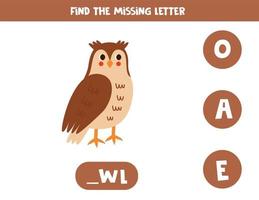 Find missing letter with cute cartoon owl. Spelling worksheet. vector