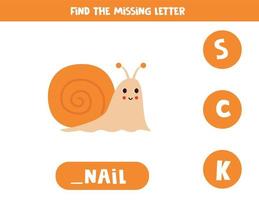 Find missing letter with cute cartoon snail. Spelling worksheet. vector