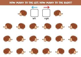 Left or right with cute cartoon hedgehog. Logical worksheet for preschoolers. vector