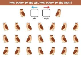 Left or right with cute cartoon owl. Logical worksheet for preschoolers. vector