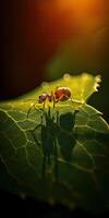 Macro shot of ant in nature. Ant is very small. Selective focus. . photo