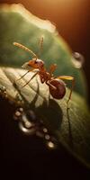 Macro shot of ant in nature. Ant is very small. Selective focus. Generative Ai. photo