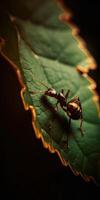 Macro shot of ant in nature. Ant is very small. Selective focus. . photo