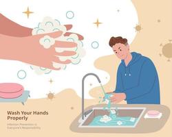 A man properly washing hands with soap to maintain hand hygiene protection against COVID-19 vector
