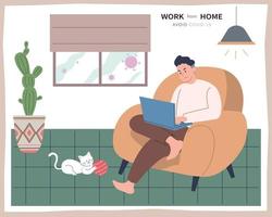 A man sitting on a cozy couch and using laptop for work, concept of work from home during COVID-19 pandemic vector