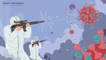 Concept of fighting the COVID-19 outbreaks, with medical workers in hazmat suits shooting capsules to corona virus army vector