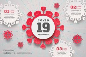 Editable COVID-19 infographic template decorated with virus in simple paper cut design and dash lines on the gray background vector