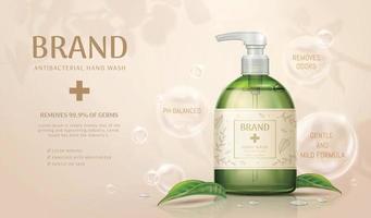 3D illustration of hand wash ad template, realistic bottle mock-up on beige background, decorated with green leaves, bubbles and blurred plant shadows vector