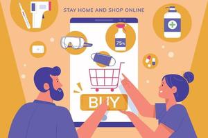 Online shopping for COVID-19 prevention concept, with two people adding personal care items into cart, in flat design vector