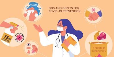 Professional doctor demoing dos and don'ts of avoiding coronavirus transmission during COVID-19 pandemic, in flat design vector