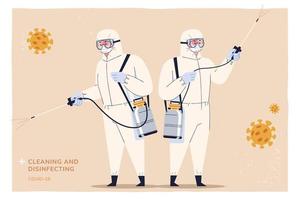 Two people with hazmat suits carefully disinfecting the settings to avoid coronavirus transmission during COVID-19 outbreaks, isolated on straw yellow background in flat design vector