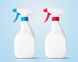 Realistic mock-up set of white plastic trigger spray bottles, isolated on light blue background, 3d illustration vector