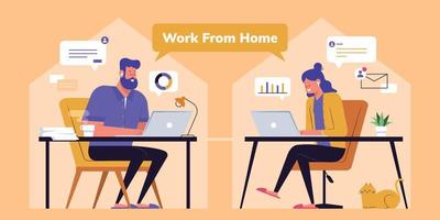 Work from home concept in flat design, with a man and woman staying at home using their computer to make online conference vector