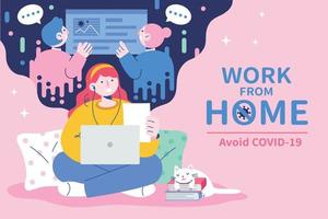 A cute girl sitting home and using laptop to make a online conference with her colleagues, work from home concept in flat style vector