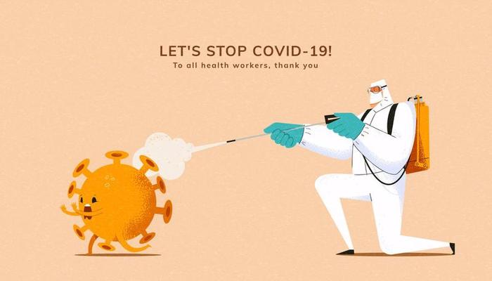 Men in protective suit doing cleaning and disinfecting to banish virus cell, concept of appreciation for medical workers who protect us from COVID-19 infection
