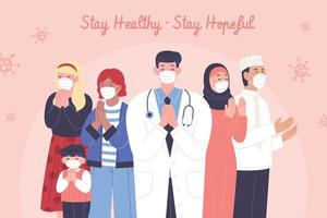 personas desde diferente religiones Orando juntos y deseando el mejor para todos a permanecer seguro y sano durante covid-19 pandemia vector