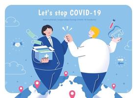 Two pin-shaped characters shaking hands with each other on a global map, concept of international cooperation by exchanging medical material during COVID-19 pandemic vector