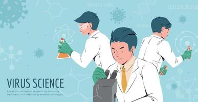 Three hardworking medical scientists trying to find the vaccine and treatment for COVID-19, design in flat style vector