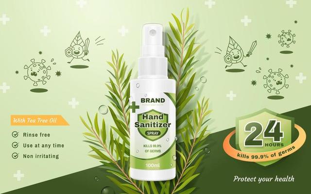 Ad template of hand sanitizer spray, realistic spray bottle decoration with tea tree leaves and cute flat illustrations of germs, 3d illustration