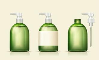 Set of realistic bottle mock-up in transparent green design, isolated on beige background, 3D illustration vector
