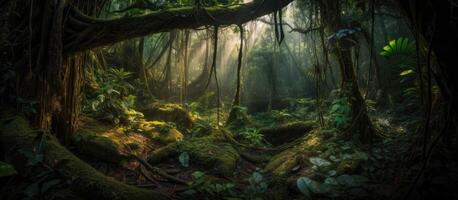 Beams of sunlight piercing through dense dark woodland forest creating a peaceful and thoughtful setting. photo