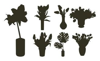 Vector silhouettes of flowers in a design vase. Tulip, amaryllis, monstera