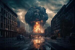 el explosión de el nuclear bomba. final de mundo ilustración. nuclear guerra amenaza concepto. un moderno nuclear bomba explosión terminado un pequeño ciudad. generativo ai foto