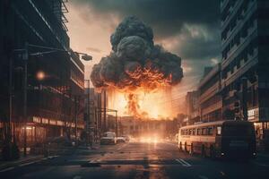 The explosion of the nuclear bomb. End of world illustration. Nuclear war threat concept. A modern nuclear bomb explosion over a small city. photo