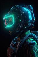 Portrait of a young cyborg man with futuristic color metal virtual reality glasses, cyborg man Augmented Reality, and futuristic vision 3d. Non-existent person. photo