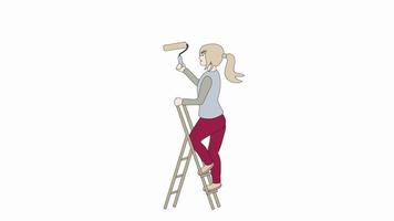 animation of the cartoon where the painter girl stands on the stairs and paints the wall with a roller, makes repairs video