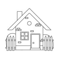 Vector black and white illustration. Picture for coloring. Outline of a house with a fence. Children's illustration.