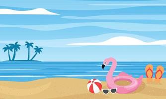 Summer background with beach and silhouette of little island with palm trees. Flamingo lifebuoy, beach ball, sunglasses. Vector illustration.