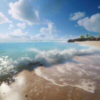 close-up shot of Beautiful sea waves. Beach sand and amazing sea. Summer sunset seascape. Soft sunlight, clear sky, waves and water splashes. photo