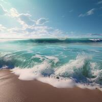 close-up shot of Beautiful sea waves. Beach sand and amazing sea. Summer sunset seascape. Soft sunlight, clear sky, waves and water splashes. photo