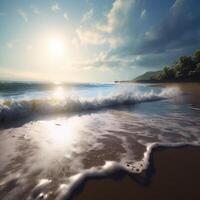 close-up shot of Beautiful sea waves. Beach sand and amazing sea. Summer sunset seascape. Soft sunlight, clear sky, waves and water splashes. photo