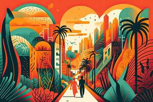 illustration of A young couple holding hands. portrait of young couple in love holding hands in Coastal road sunset in Long Beach, California. behind sunset. photo