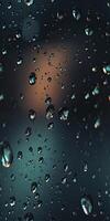 condensación agua gotas en negro vaso antecedentes. lluvia gotas con ligero reflexión en oscuro ventana superficie, resumen mojado textura, dispersado puro agua gotas modelo realista. generativo ai. foto