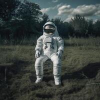 un astronauta sentado en un silla tomando el sol en verde bosque. generativo ai foto