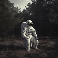 An astronaut sitting on a chair basking in green forest. photo