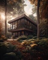 un moderno casa en bosque Perfecto para aislado vacaciones o sólo un pacífico relajarse en el conexión con naturaleza. moderno arquitectura. generativo ai. foto