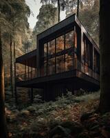 un moderno casa en bosque Perfecto para aislado vacaciones o sólo un pacífico relajarse en el conexión con naturaleza. moderno arquitectura. generativo ai. foto