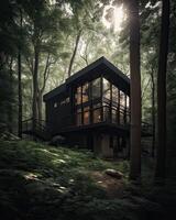 un moderno casa en bosque Perfecto para aislado vacaciones o sólo un pacífico relajarse en el conexión con naturaleza. moderno arquitectura. generativo ai. foto