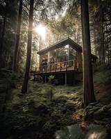 un moderno casa en bosque Perfecto para aislado vacaciones o sólo un pacífico relajarse en el conexión con naturaleza. moderno arquitectura. generativo ai. foto