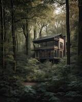 un moderno casa en bosque Perfecto para aislado vacaciones o sólo un pacífico relajarse en el conexión con naturaleza. moderno arquitectura. generativo ai. foto