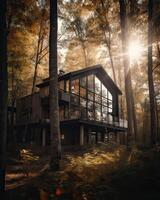 un moderno casa en bosque Perfecto para aislado vacaciones o sólo un pacífico relajarse en el conexión con naturaleza. moderno arquitectura. generativo ai. foto