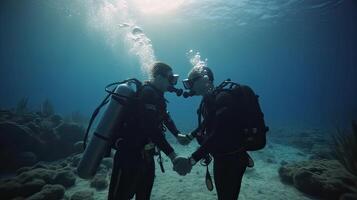 two Scuba divers training. Two scuba divers in silhouette swimming to the surface in the rays background. Non-existent person. . photo