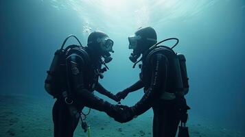 two Scuba divers training. Two scuba divers in silhouette swimming to the surface in the rays background. Non-existent person. . photo